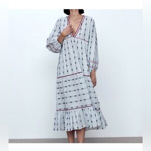 Zara Blue Stripe Ruffle V-neck Maxi